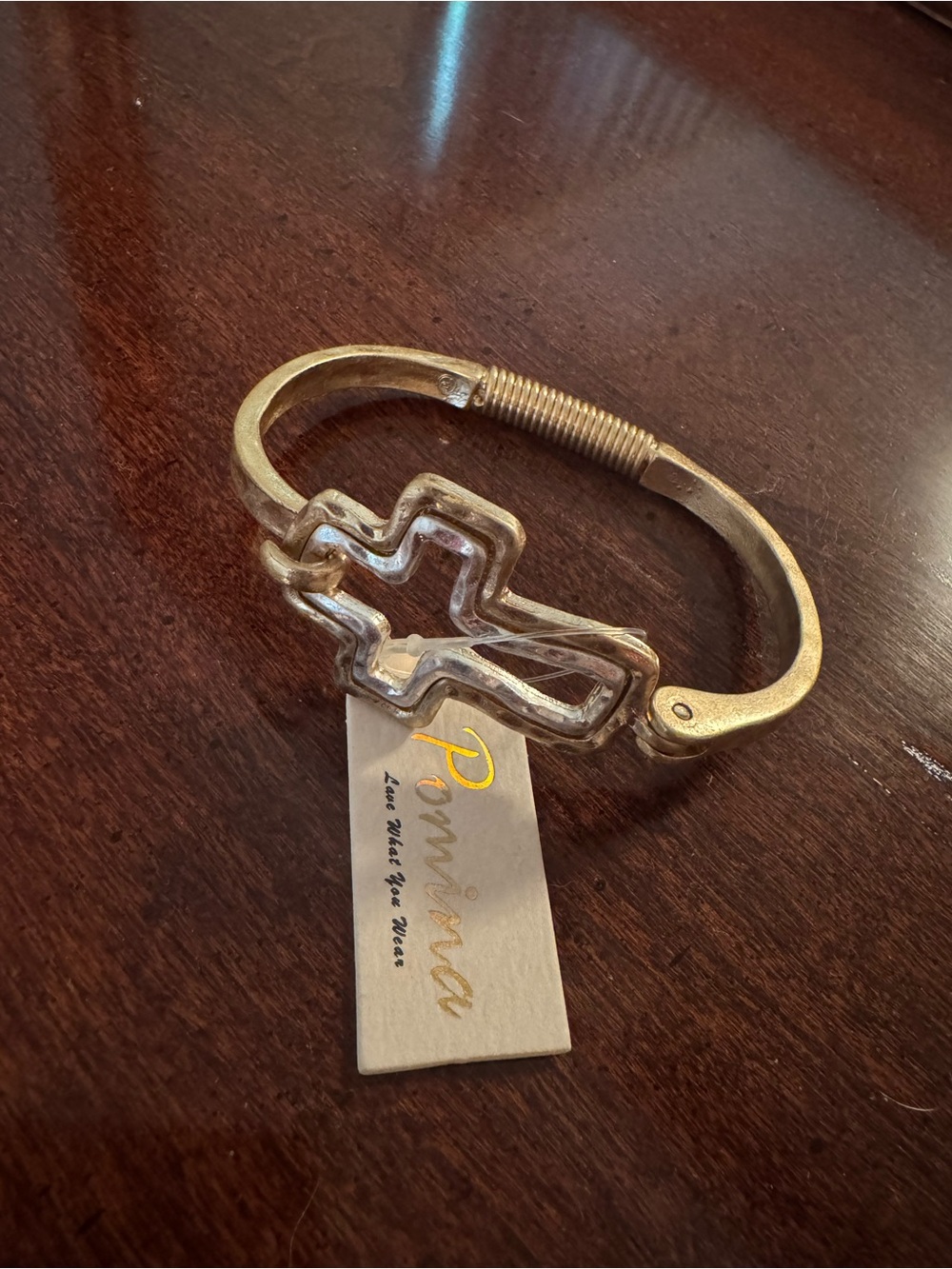Two Tone Gold with Silver Cross Hinged Bangle Bracelet